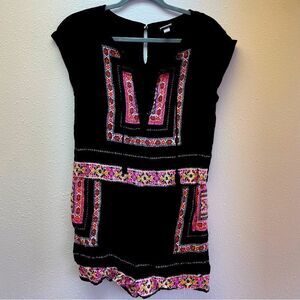 MERONA black tie romper, with pink aztec designs, pockets sz S (1019)